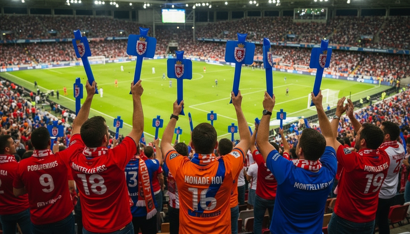 asset_9RM3UDaCWRFMtV6NmVkQ56jB_make multiple persons hold the same object but with Montpellier football branding, different point of view_image-prompt-editing_1757954764